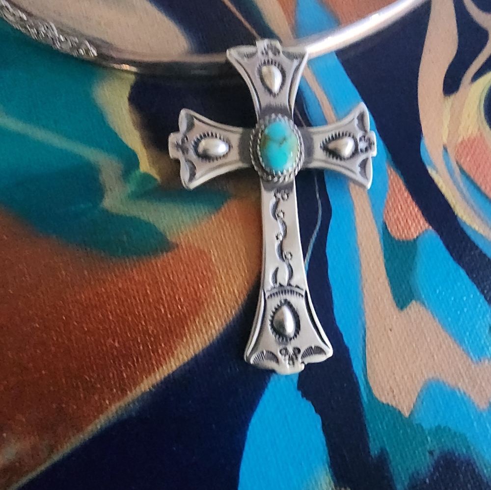 STERLING ilver Cross Pendant with Turquoise Stone - Picture 3 of 11